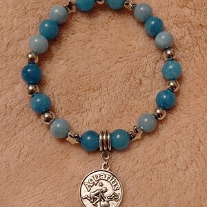 Zodiac Aquarius Beaded Bracelet With Genuine Crystal Beads + Aquarius Charm